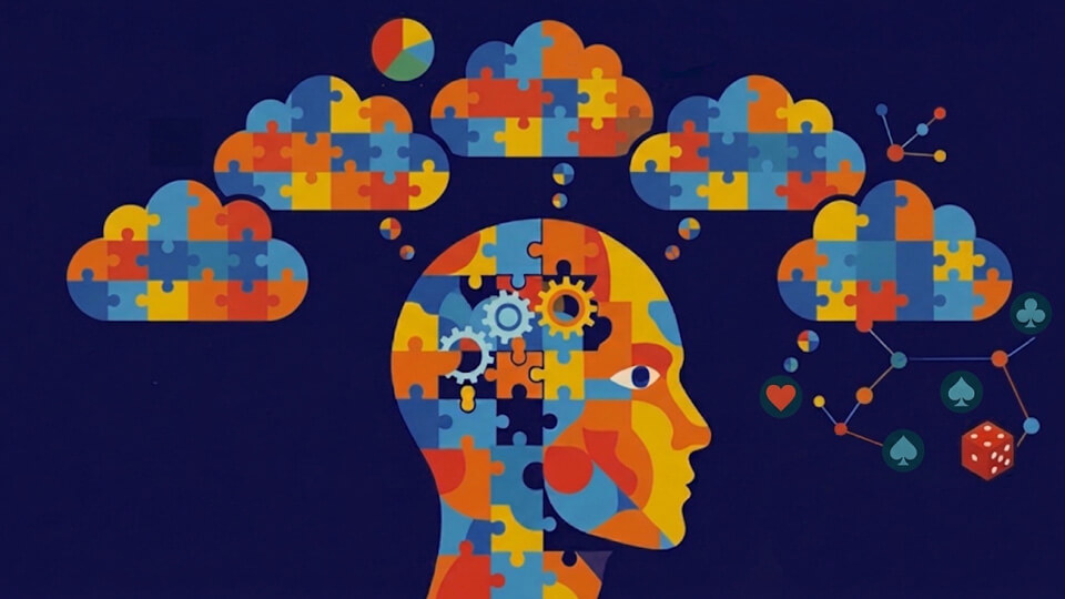 A profile silhouette of a human head filled with colourful jigsaw pieces and gears, with puzzle-piece clouds and icons floating above and around it.