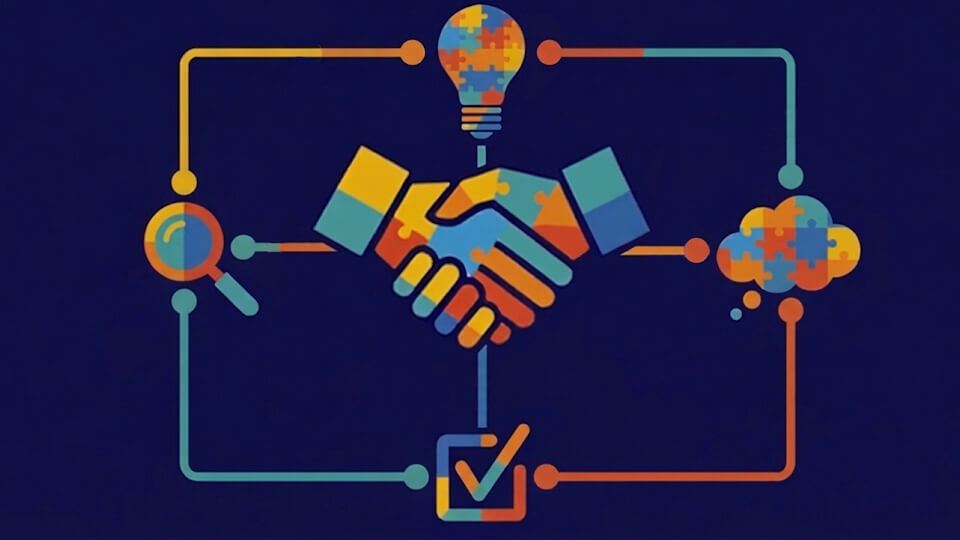 A central handshake icon surrounded by a light bulb, magnifying glass, cloud, and checkmark, all connected by lines in a puzzle piece style.
