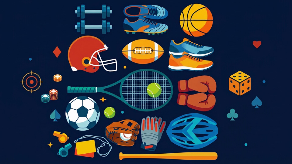 A variety of sports equipment including balls, helmets, gloves, shoes, and a tennis racket arranged on a dark background.