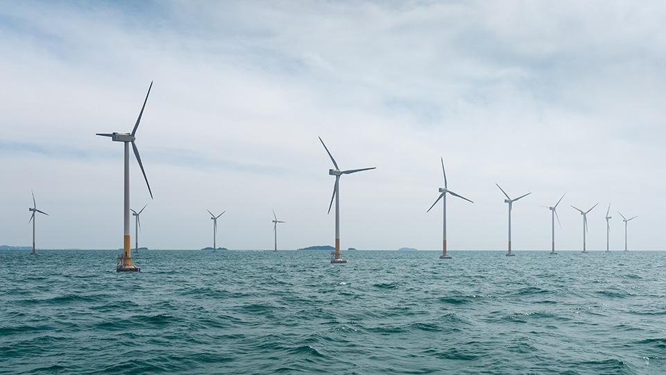 Wind turbines surrounded by sea water
