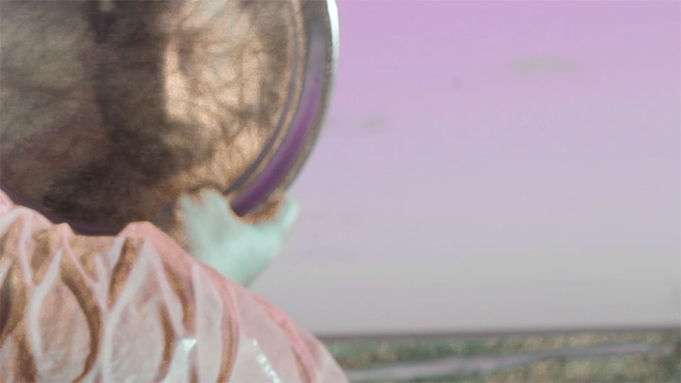 A blurry reflection of a person in an object, held against a light purple sky