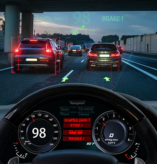 View from the cockpit of a car equipped with HUD and active safety systems