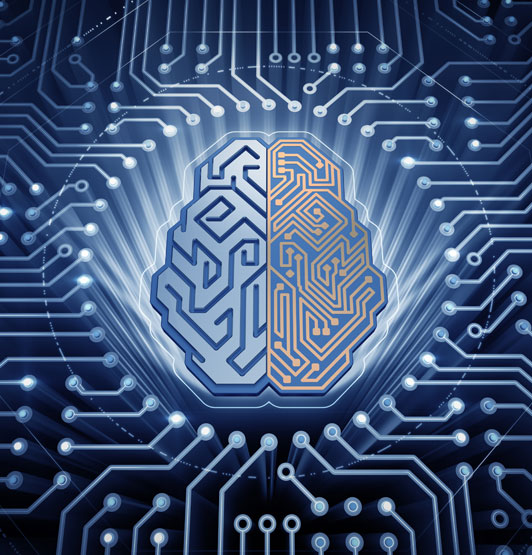 Electronic chip shaped like a human brain on a circuit board background