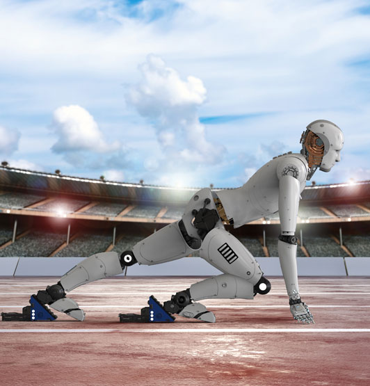 A robot in the starting blocks on a running track
