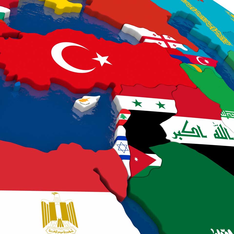 Illustration - close up of a map of the Middle East, the countries represented by elements their national flag