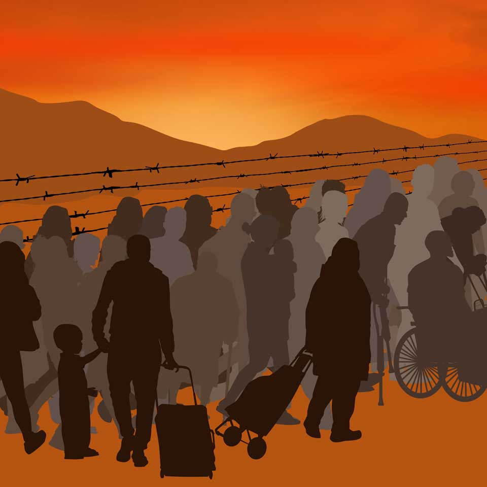 Illustration - migrants walking at sunset beside a barbed wire fence