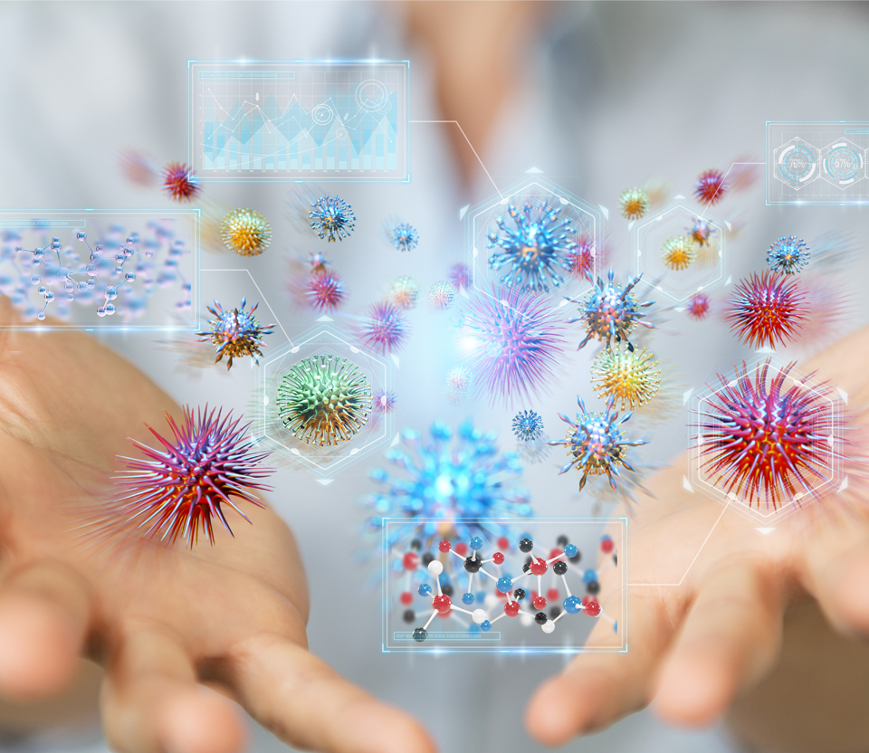 Composite image - scientist's hands offering a range of particles to the viewer