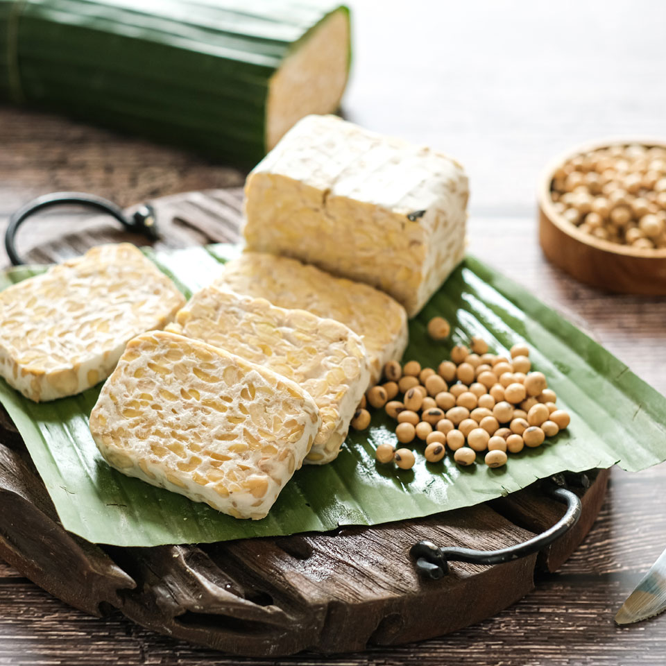 Photograph of a sliced block of raw tempeh - beside a small bowl of its main ingredient, fermented soybeans