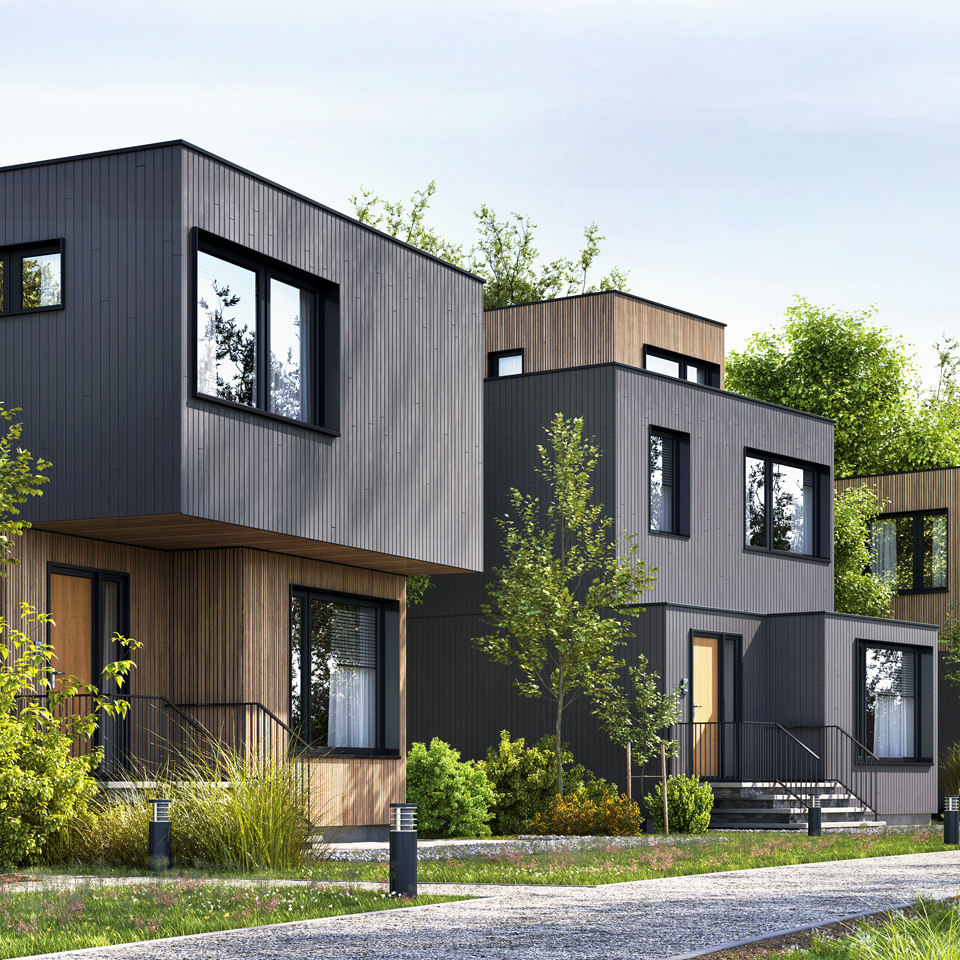 Photograph of a row of houses built using modular construction techniques