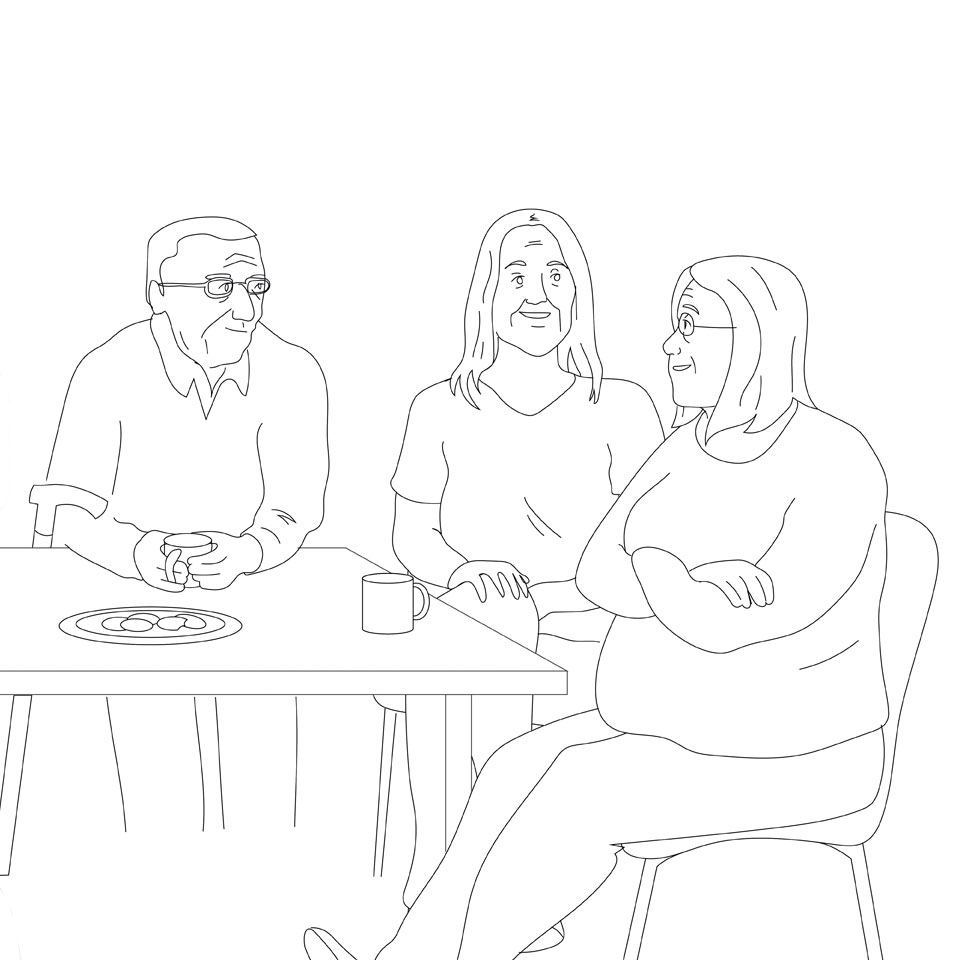 Illustration suggesting three members of a family, chatting over a cup of tea
