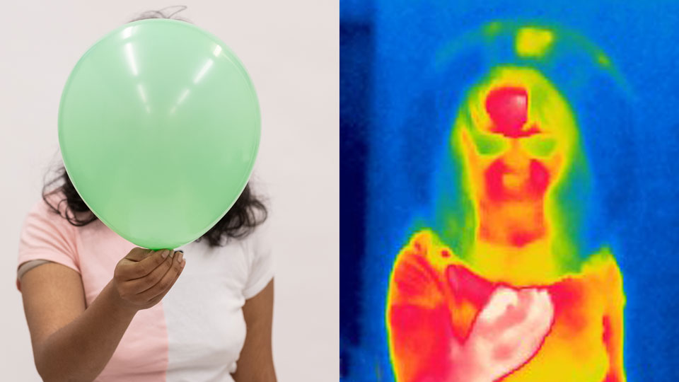 Composite image - person holding a balloon, beside the infrared shot of the same 