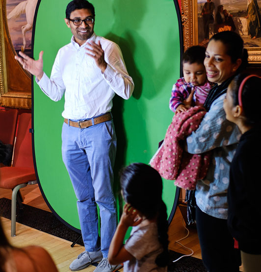 A visitor to the exhibition explores a mind-body illusion