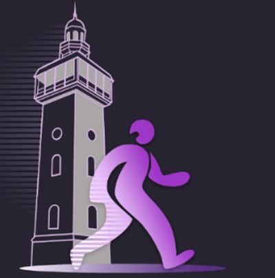 illustration of purple person walking past the Carillon in Loughborough