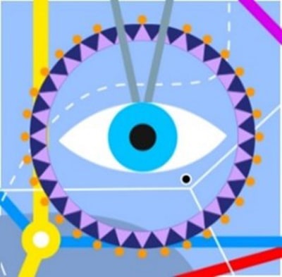 Abstract image with an eye in a ring on a blue background