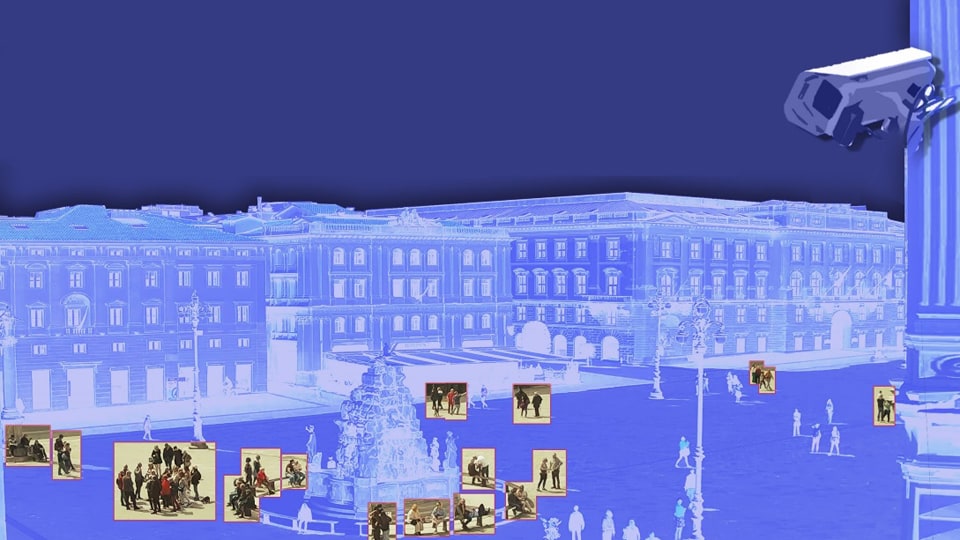 Blue image of a city centre with highlighted areas of people