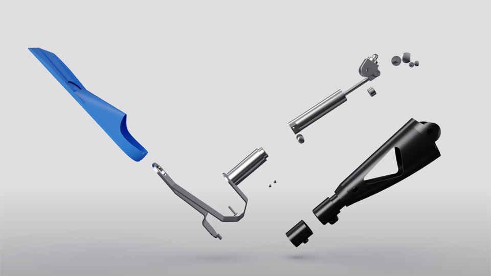 3D expanded view of a quick release prosthetic leg for sports