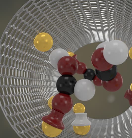 Still from the SlowCat animation showing a newly designed catalyst at work