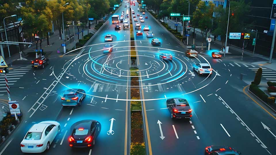 CGI: a busy city street at night