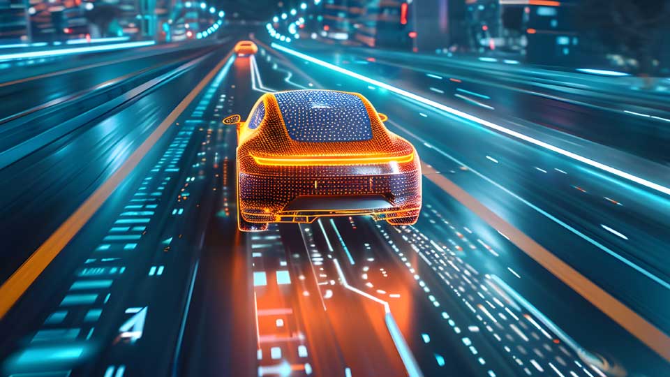 GCI - a car driving through a cityscape at night