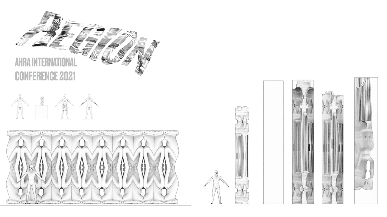 Illustation of a person standing against columns and patterned background