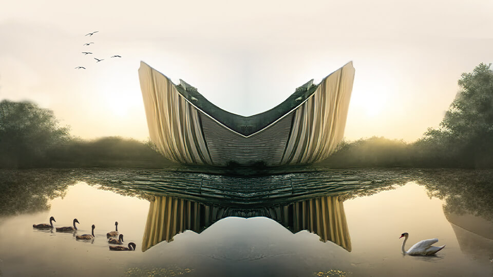 Architectural student project 'Basin' showcasing a designed structure with water, a swan, ducks and birds around.