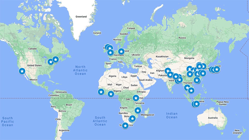 Map of most of the world, pinpointing the many locations of the partners.