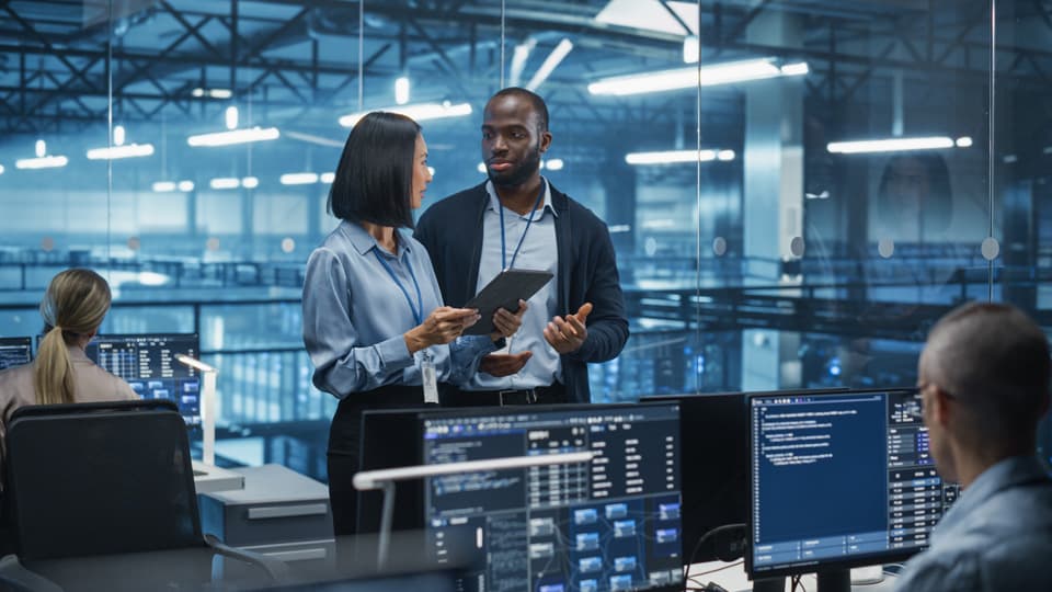 Two people talking between two desk where two seated individuals are working at computers.