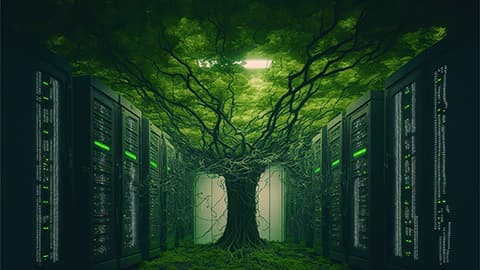 A server room full of grass and a tree in the centre.
