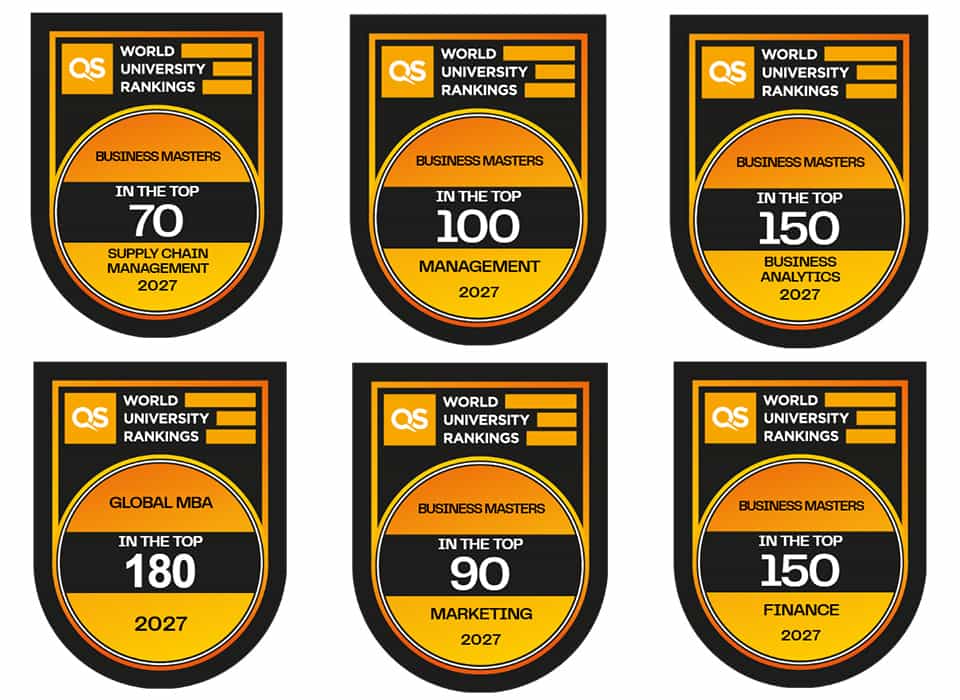 A series of QS Global MBA and Business Master’s Rankings 2027 badges.