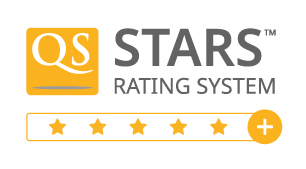 graphic containing text: QS Stars Rating System. Followed by 5 gold stars and a + symbol