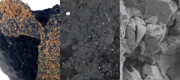 3 close up views of the meteorite taken with a microscope