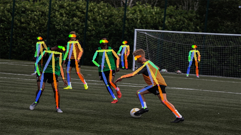 footballers with overlay to show body pose and limbs to identify actions