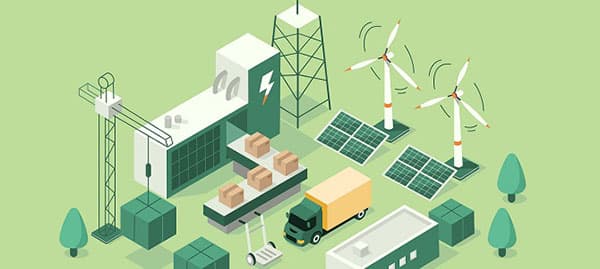 an illustration showing a crane,2 buildings, 2 wind turbines, 2 solar panels, and a lorry.