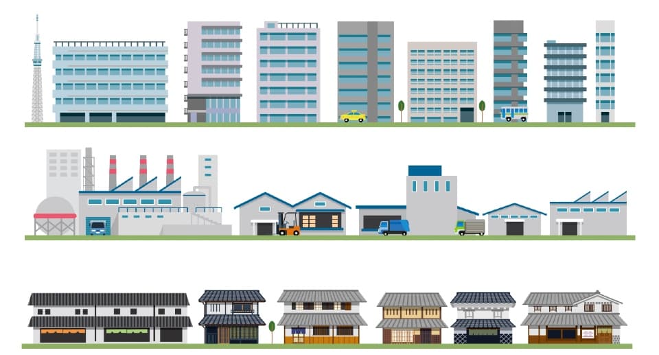 an illustration showing 19 different non domestic buildings