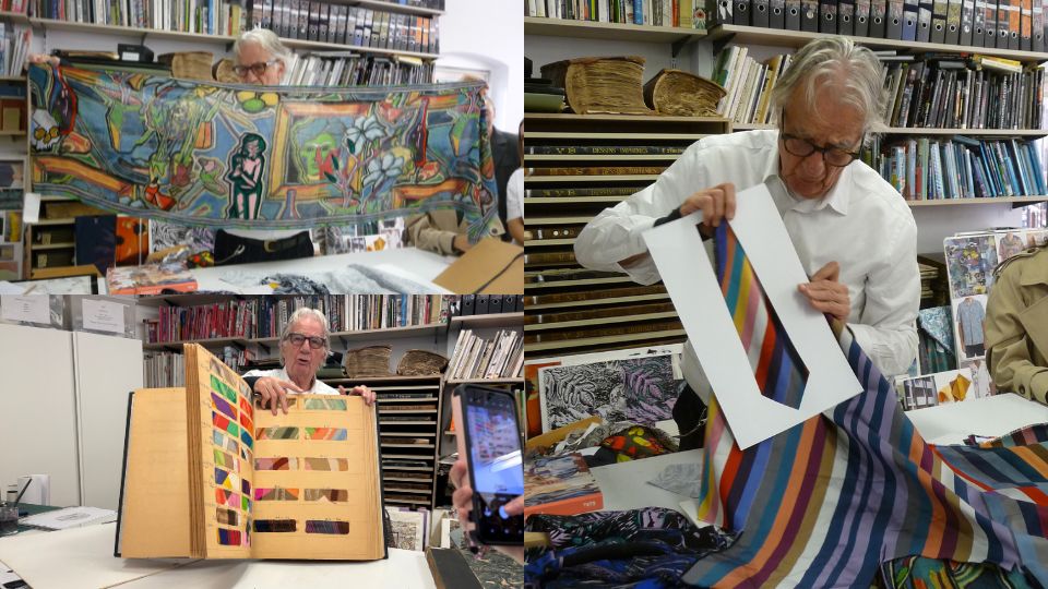 Paul Smith displaying various work and textiles in his HQ