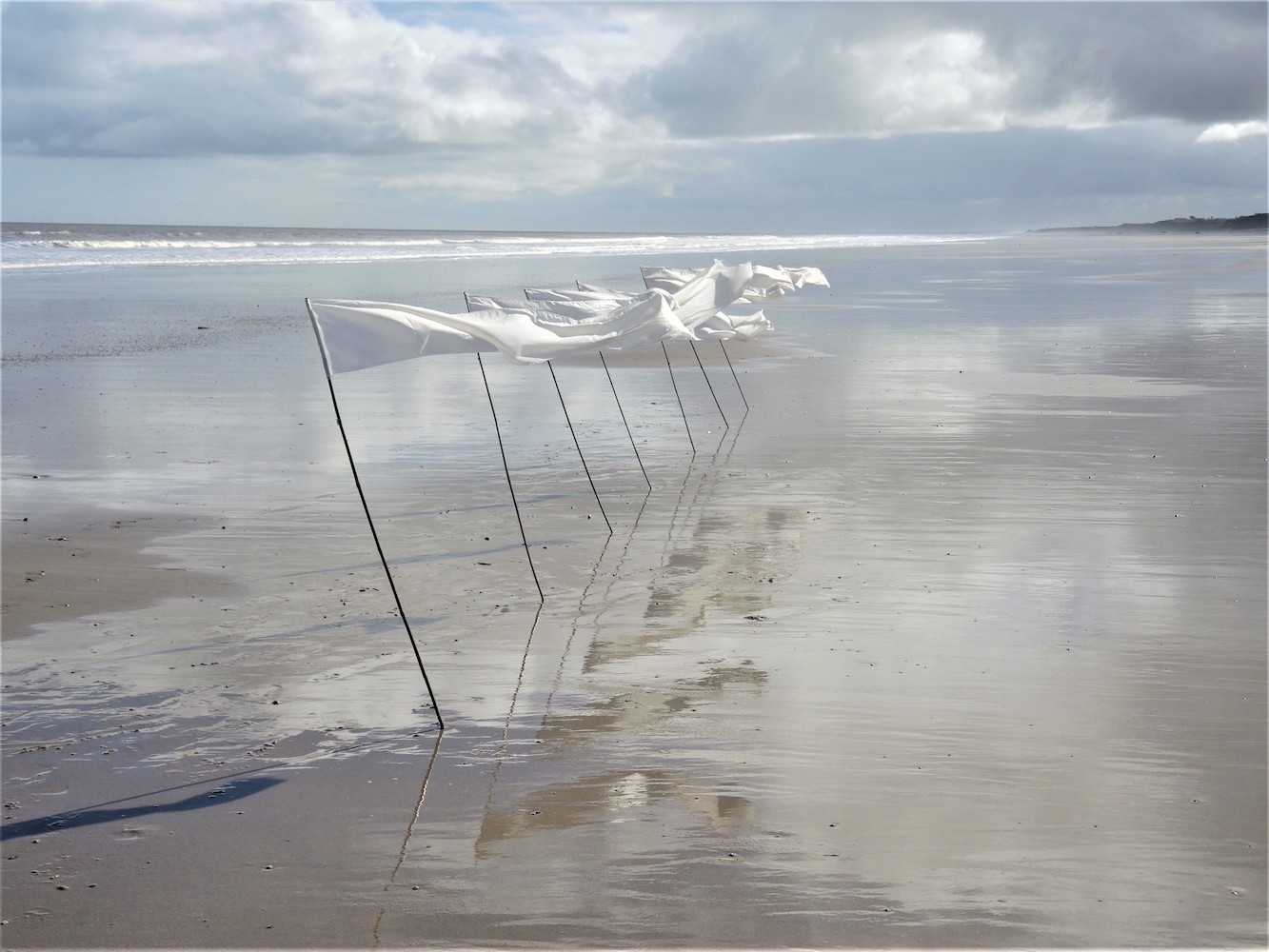 Helen Goodwin: Drawing the Wind – Impermanent Edge, local white cloth and bamboo sticks, 2020.