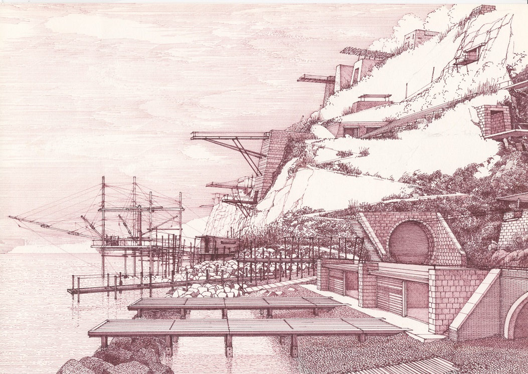 Paola Ardizzola & Gabriele d’Oltremare: Utopian project for the Adriatic fishing machine coast, ink on paper, 2015