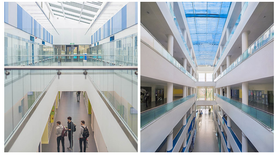 Side-by-side comparison showing portfolio image guidance. The left panel, shows a bright university building interior photographed from an upper walkway, with three people standing below. The right panel, shows a similar building interior image