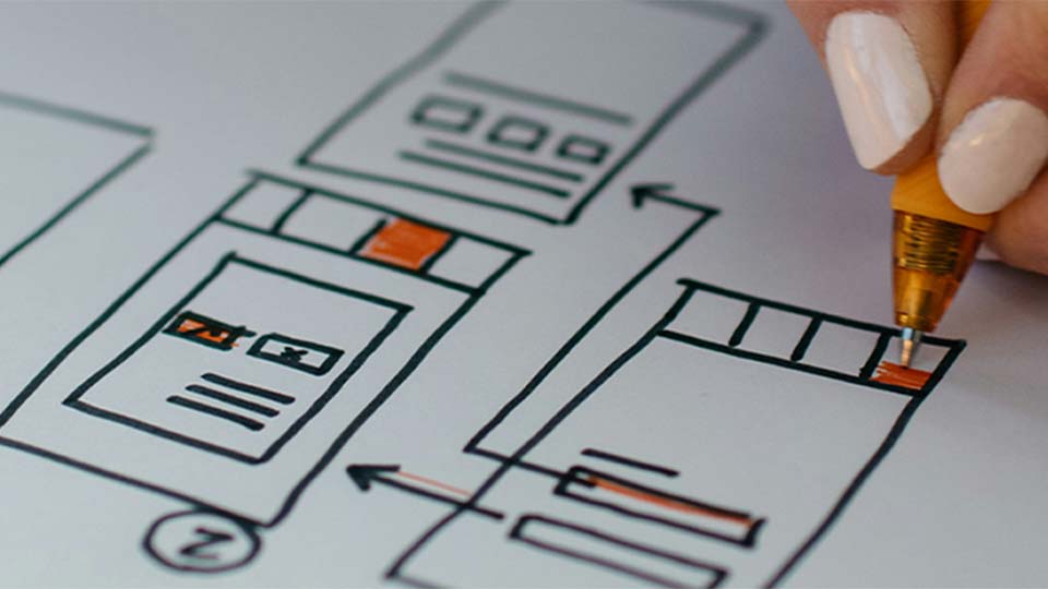 A hand holding a pen drawing user flows and wireframes on paper