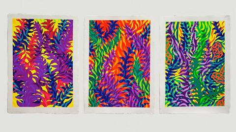 'Visions of the Garden' three panels of multi-coloured leaf patterns 
