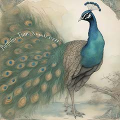 A peacock with writing on the feathers that says 'Portfolio - Xiaoli Tian PDF'