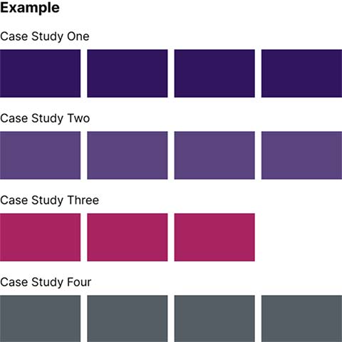 A layout example showing four case studies with three or four pages each