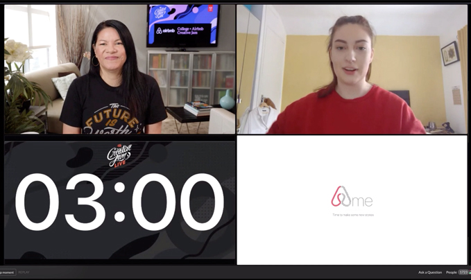 Airbnb split screens showing two people, a countdown and a logo