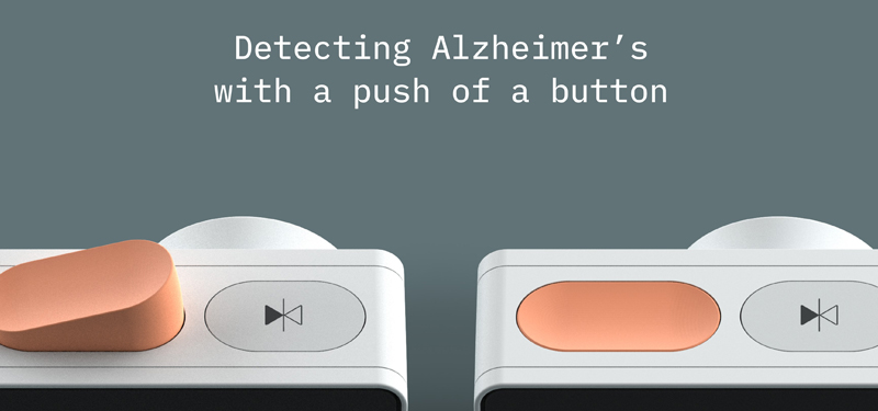 Detecting Alzheimer's with a push of a button. A close up illustration of the button on the device.