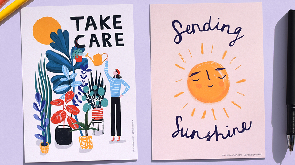 Pickle illustration postcards: 'Take care' a woman watering houseplants and 'Sending sunshine' a sun with a smiling face.