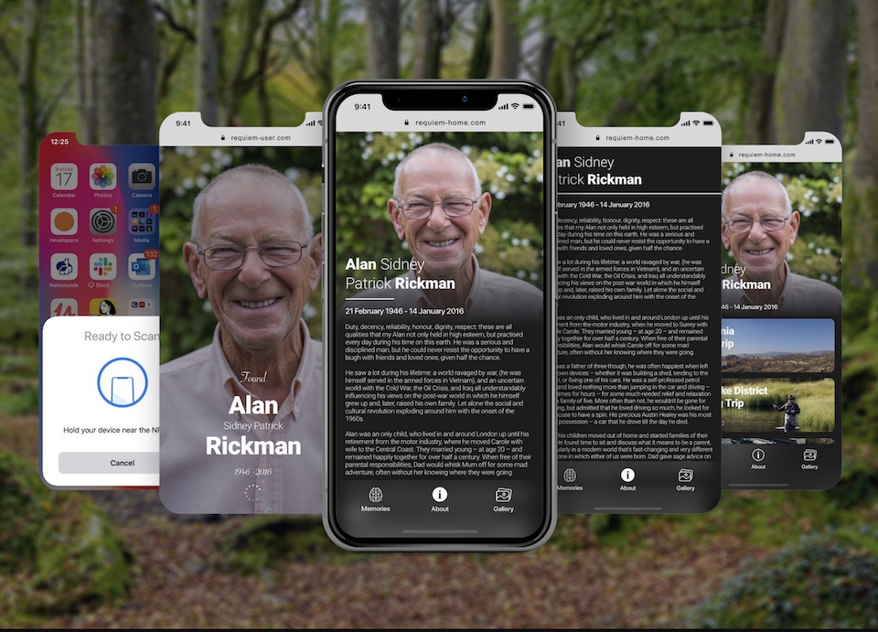 an illustration of 5 Requiem screens for a smart phone with a woodland background