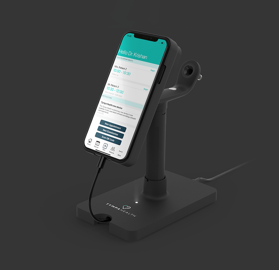 The Tympa Health System on its charging stand