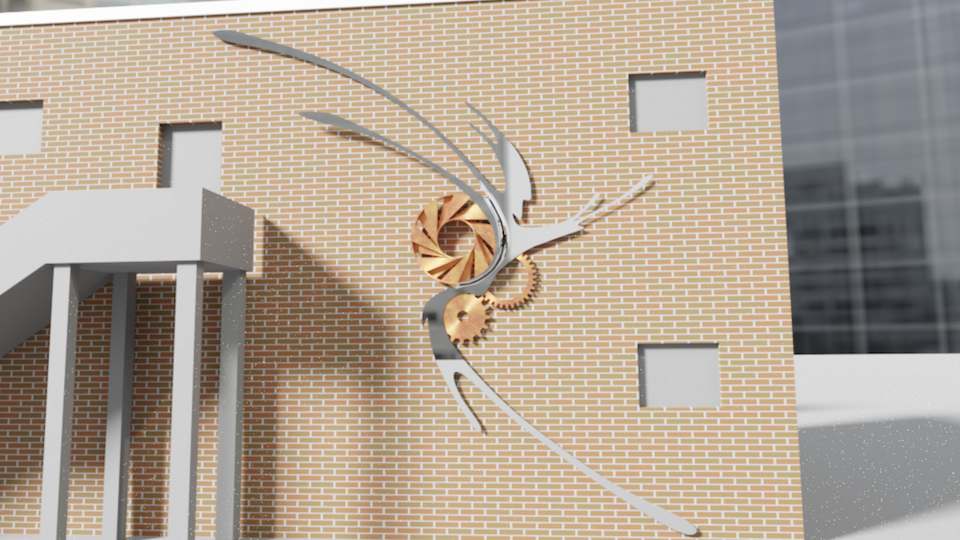 an illustration of Ian Tricker's sculpture on the side of the building