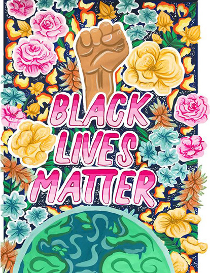 Image of Florences' poster about the Black Lives Matter movement, a floral design with a Black fist at the top.