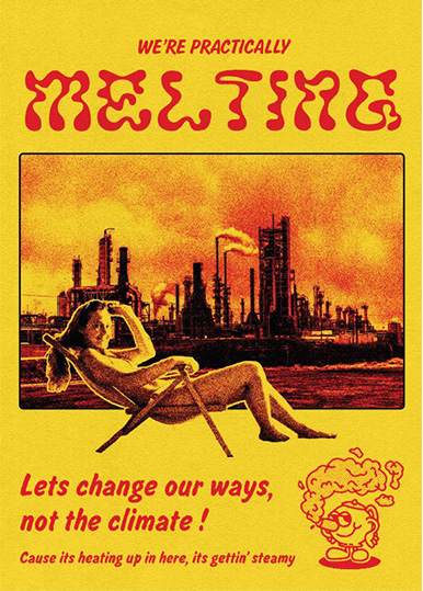 Winning poster by Tom focusing on climate change. A red and yellow poster with a woman on a sun lounger in front of an industrial site.